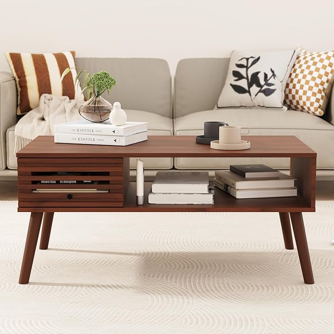 Coffee Table, Mid Century Modern Table with Storage, Living Room Center Table with Slatted Panel Drawer, Fluted Wood Coffee Table with Open Shelf for Living Room, Walnut