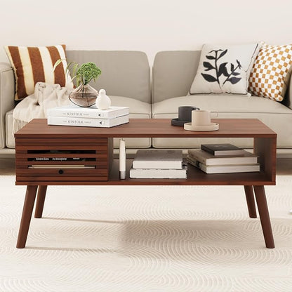Coffee Table, Mid Century Modern Table with Storage, Living Room Center Table with Slatted Panel Drawer, Fluted Wood Coffee Table with Open Shelf for Living Room, Walnut