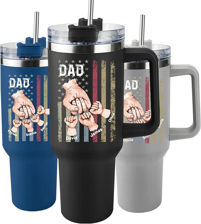 Custom Dad Tumbler with Kids Names, Personalized 40 Oz Tumbler with Handle and Straw, Personalized Birthday Gifts for Dad Husband
