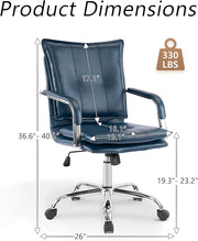 Mid-Back Ergonomic Leather Office Chair, Modern Upholstered Executive Desk Chair with Gold Frame Armrest Computer Task Chair (Dark Blue &Silver Legs)