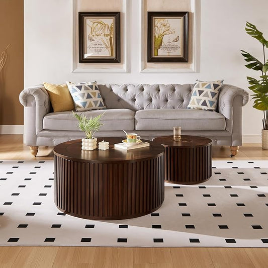 Round Coffee Table Set of 2, Nesting Coffee Tables with Removable Lid, Mid Century Modern Wooden End Table with Large Storage Space for Living Room