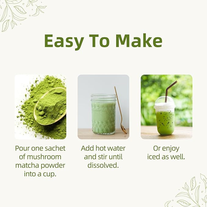 Mushroom Matcha Powder Latte Mix, 7.4 Ounce, 7 Superfood Mushrooms with 25% Beta-Glucans, Lions Mane, Reishi, Chaga, Coconut Powder, Ceremonial Grade Matcha Tea
