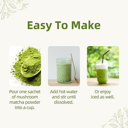 Mushroom Matcha Powder Latte Mix, 7.4 Ounce, 7 Superfood Mushrooms with 25% Beta-Glucans, Lions Mane, Reishi, Chaga, Coconut Powder, Ceremonial Grade Matcha Tea