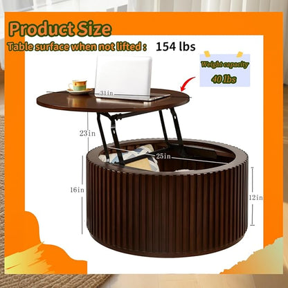 Round Coffee Table for Living Room, Lift Top Coffee Table with Large Storage Compartment, Wood Center Table for Office, No Need Assembly (31x31x16 in)