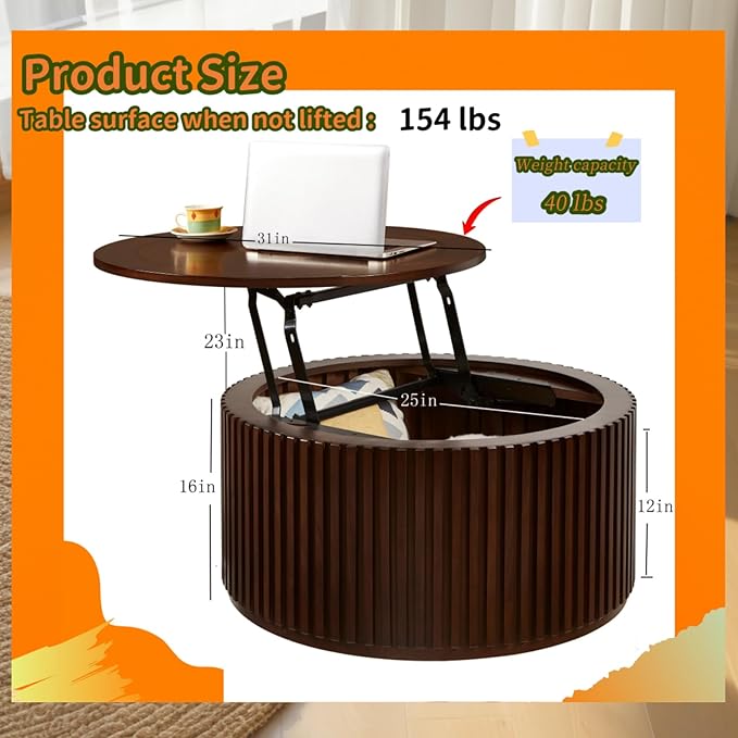 Round Coffee Table for Living Room, Lift Top Coffee Table with Large Storage Compartment, Wood Center Table for Office, No Need Assembly (31x31x16 in)
