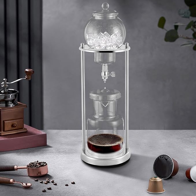 Iced Coffee Cold Brew Drip Tower Coffee Maker with Measuring Spoon, Stainless Steel Filter, Wooden, 6-8 Cup (Silver)