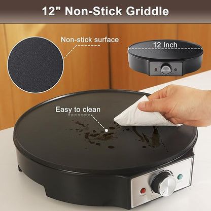 Electric Crepe Maker 12'' & Griddle - Non-Stick Pan With Spreader for Roti, Tortilla, Blintzes, Pancakes - Adjustable Temperature, 1000W