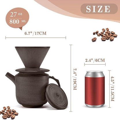 AZYM Pour Over Coffee Maker Set,with Lid and V60 Paper Coffee Fliters 20 Counts,High Heat Resistant Vintage Coffee Carafe Dripper Set for Home Café Restaurant Camping Hiking(Black)