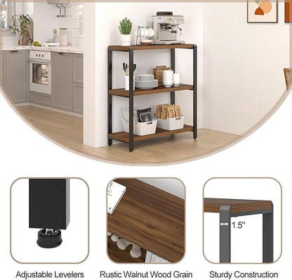 FOLUBAN Small Bookshelf and Bookcase, 3 Tier Low Short Book Shelf, Industrial Metal and Wood Book Case for Living Room Bedroom, Rustic Walnut