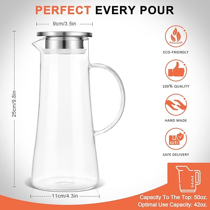 SUSTEAS 1.5 Liter 51oz Glass Pitcher with Lid, Easy Clean Heat Resistant Glass Water Carafe with Handle for Hot/Cold Beverages - Water, Cold Brew, Iced Tea & Juice, With 1 Long-Handled Brush Included