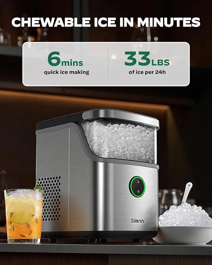 Silonn Nugget Ice Maker Countertop, Ice Basket with Handle, Quiet Operation & Self Cleaning Ice Machine, Chewable Ice, 33 lbs/24H, Portable Pellet Ice Maker with Scoop for Home, Kitchen and Office