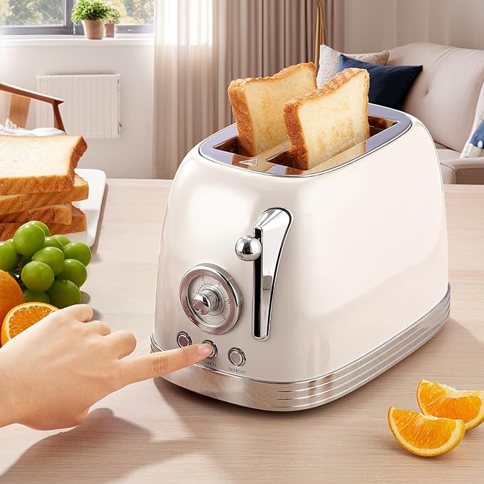 Beige Cute Retro Toaster 2 Slice with 1.58" Wide Slots, Bread toaster with Cover and Warm Rack, Stainless Steel Toaster with Removable Crumb Tray, Preheat, Defrost, Cancel Function (Cream)