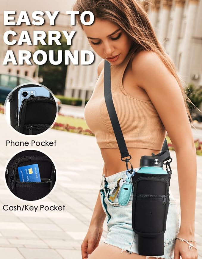 32oz 40oz Insulated Water Bottle with Handle, Leakproof Straw Lid, Pop-up Chug Lid, Paracord Handle and Storage Carrier Bag, Keep Cold 48h & Hot 24h, Slim Travel Tumbler Fit in Car Cup Holder