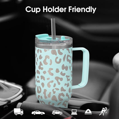 COKTIK 40 oz Tumbler With Handle and Straw Lid, Vacuum Insulated Travel Coffee Mug Stainless Steel Insulated Cup for Beverages, Leak-proof, Cupholder Friendly (Seafoam Leopard)