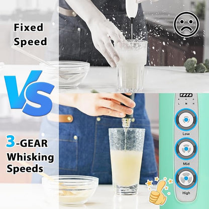 Milk Frother with Stand Rechargeable- Handheld Coffee Frother with 3 Stainless Whisks 3 Speed Adjustable, Electric Whisk Drink Mixer, Foam Maker Blender for Matcha Latte Cappuccino Chocolate