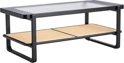 Mid Century Modern Coffee Table with Ribbed Glass Top and PE Rattan Storage Shelf, 45 Inch Rectangular Solid Wood Boho Coffe Table, Unique Center Table for Livinig Room Apartment Small Space