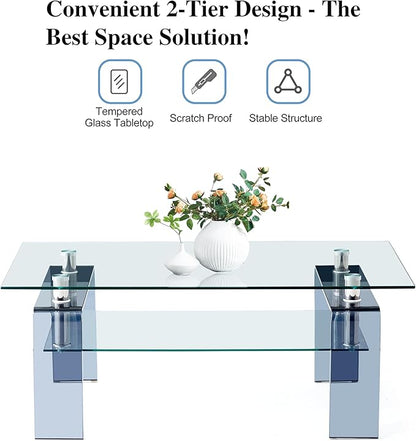 Glass Coffee Table Rectangle Living Room Center Table with Storage, Clear Tempered Glass Tabletop and Smoke Grey Leg,for Living Room and Office (Clear+Smoke)