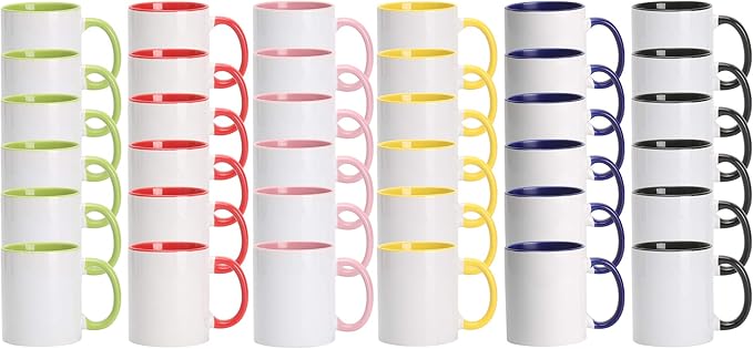 11oz White Ceramic Sublimation Coffee Mug With Solid Colors Inside and Handle, Mixed 6 Colors of Black, Red, Blue, Yellow, Green and Pink, Case of 36