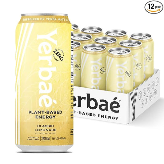 Yerbae Energy Beverage - Classic Lemonade, 0 Sugar, 0 Calories, 0 Carbs, Energized by Yerba Mate, Plant-Based, Healthy Alternative to Sugary Drinks, 16oz cans (12 Pack)