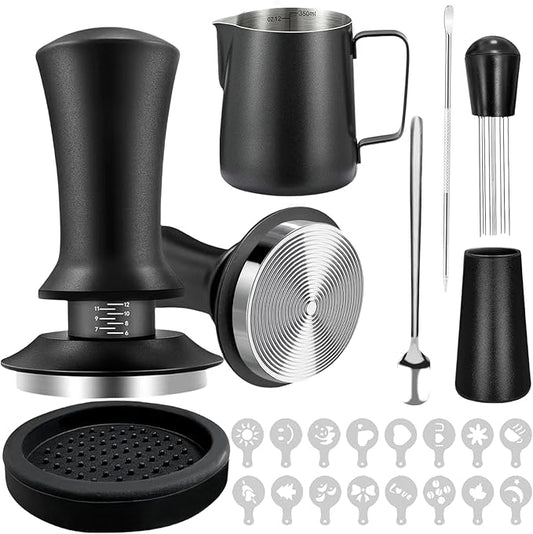 22 PCS Espresso Accessories Kit，58mm Coffee Tamper Set ，Barista Kit， - with Frothing Pitcher，WDT Tool，Stirrer，Tamper Mat ，Coffee Stencils，Latte Art Pen