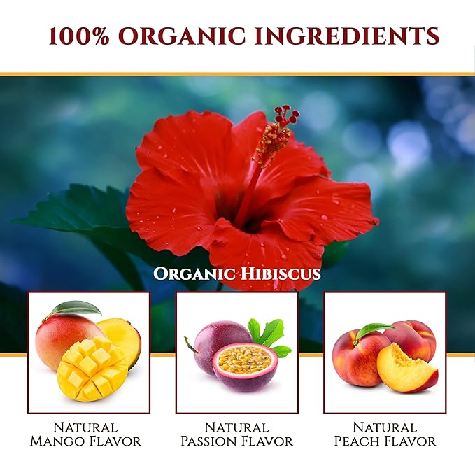 Organic Hibiscus Sabdariffa Tea Pods with Peach, Mango, & Passionfruit - Naturally Decaf Tea - Hawaiian Fruit Tea by Teavity (24 Tea Pods)