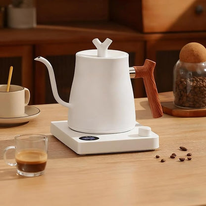 [UPGRADED] Gooseneck Electric Kettle, 1L Stainless Steel, Wooden Handle Electric Kettle, Auto Shut-Off,Precise Temperature Control for Pour Over,Hot water, Coffee & Tea| US Versioin| White