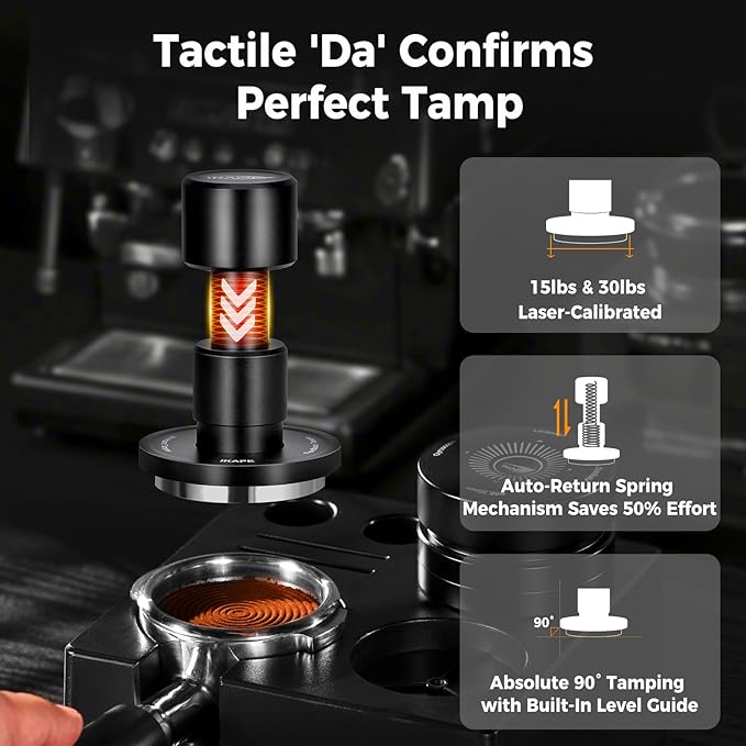 IKAPE 53.3MM V6 Impact Espresso Tamper with Sound Feedback, 15lb/30lb Interchangeable Springs, Espresso High Tamper with Triple-spring System, Fits 54mm portafilters