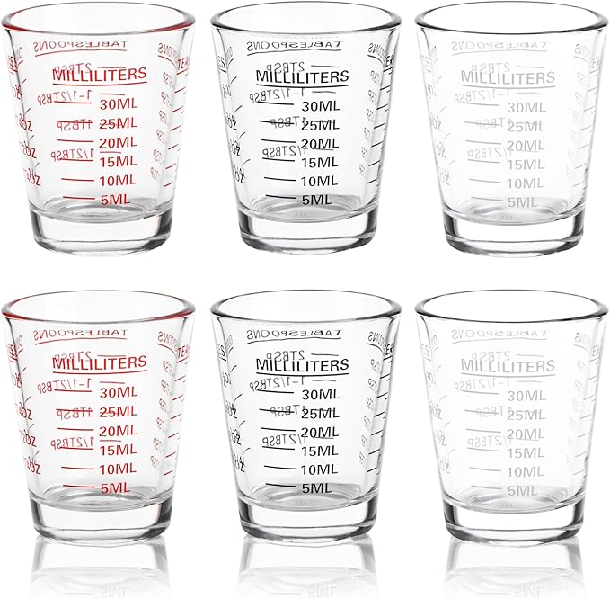Shot Glasses Measuring Cup Set 6 Pack Espresso Shot Glasses Liquid Heavy Glass 26-Incremental Measurement 1 OZ, 2 TBS, 6 TSP, 30 ML Kitchen Tools