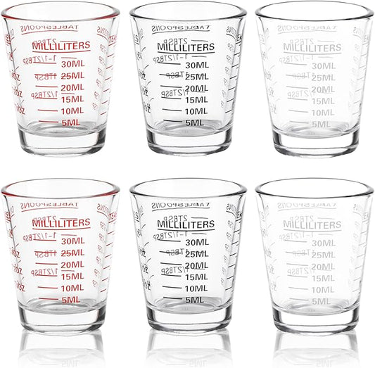 Shot Glasses Measuring Cup Set 6 Pack Espresso Shot Glasses Liquid Heavy Glass 26-Incremental Measurement 1 OZ, 2 TBS, 6 TSP, 30 ML Kitchen Tools