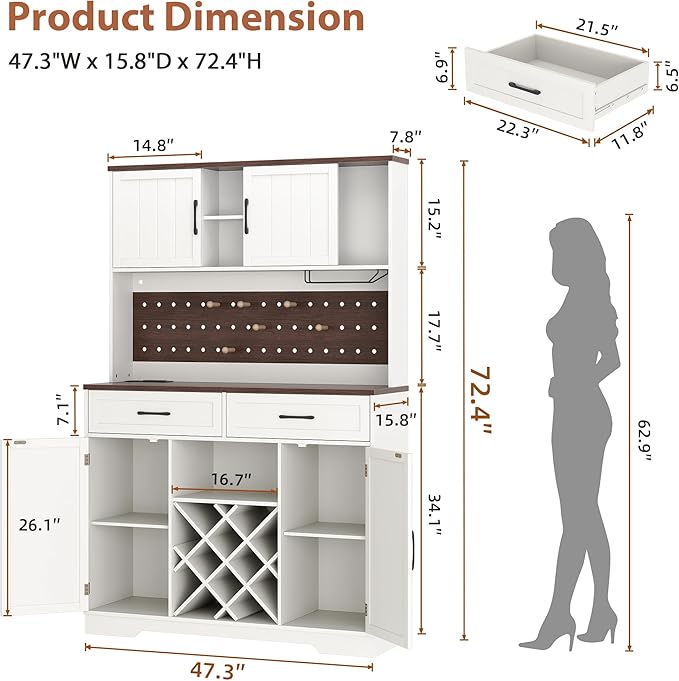 72" Coffee Bar Cabinet with Power Outlet & LED Light, Farmhouse Large Kitchen Hutch with Sliding Barn Door, Tall Bar Cabinets with Storage Drawers & Wine Glass Rack,Pantry China Cabinet for Home,White