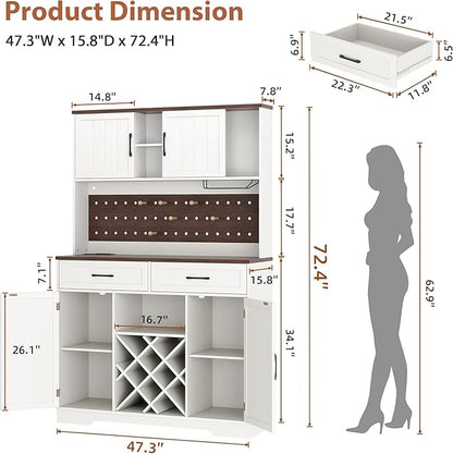 72" Coffee Bar Cabinet with Power Outlet & LED Light, Farmhouse Large Kitchen Hutch with Sliding Barn Door, Tall Bar Cabinets with Storage Drawers & Wine Glass Rack,Pantry China Cabinet for Home,White