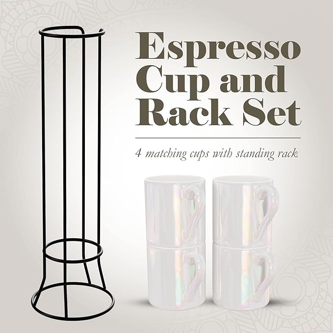 American Atelier Ceramic Mini Espresso Cups Set of 4, 3oz - Stackable Tiny Mugs for Small Shots of Coffee with Metal Stand - Use Demitasse Espresso Mug Racks for Any Kitchen or Café (Pearlized)