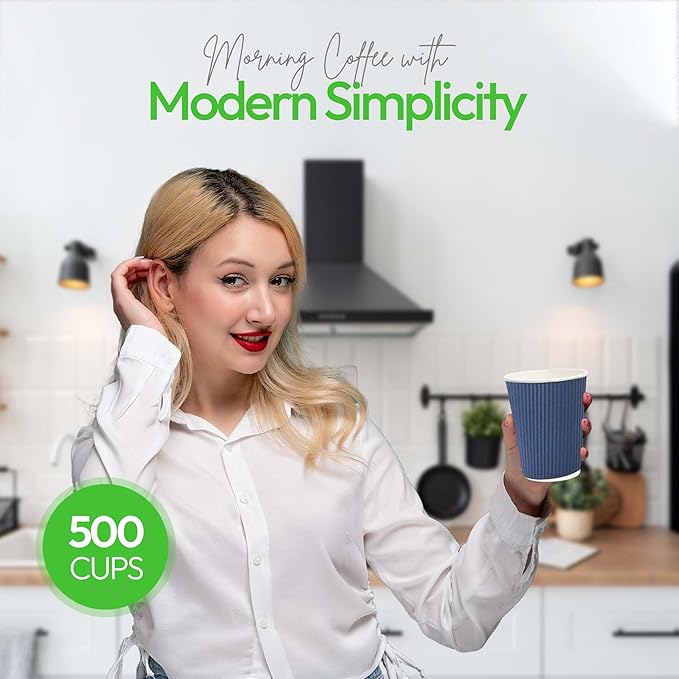 Restaurantware-12 Ounce Disposable Coffee Cups, 500 Ripple Wall Hot Cups For Coffee - Lids Sold Separately, Rolled Rim, Midnight Blue Paper Insulated Coffee Cups, For Hot Coffee, Tea, And More