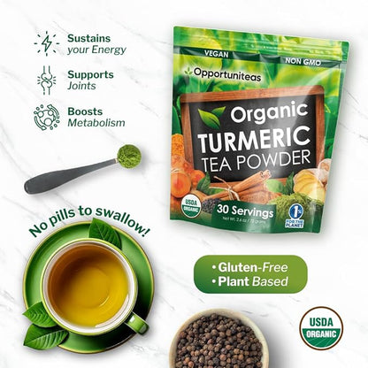 Opportuniteas Organic Turmeric Tea Powder - Matcha Green Tea, Turmeric, Cinnamon, Ginger, Black Pepper - Natural Joint Support - Vegan & Non-GMO - 30 Servings