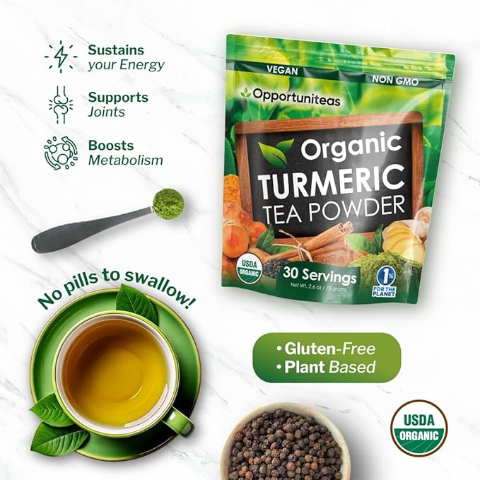 Opportuniteas Organic Turmeric Tea Powder - Matcha Green Tea, Turmeric, Cinnamon, Ginger, Black Pepper - Natural Joint Support - Vegan & Non-GMO - 30 Servings