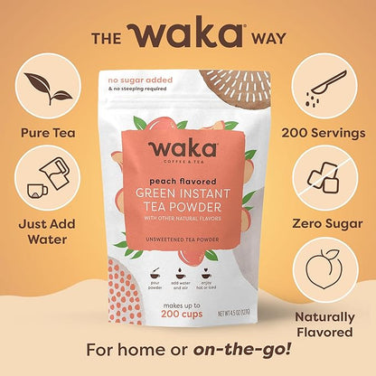 Waka Instant Green Tea Mix, Peach Flavored - 100% Tea Leaves, No Additives, Unsweetened Tea Powder in Bulk Pouch – Easy Quick Hot and Iced Teas, Up to 200 Cups (4.5oz)