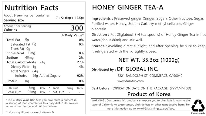 Damtuh Korean Honey Ginger Tea 2.2lb (35.3 fl oz) – Traditional Fruit Honey Tea, Authentic Korean Ginger Marmalade Preserve