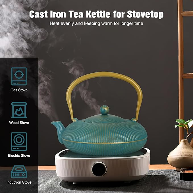 Green Cast Iron Teapot Large Capacity 40oz/1200ml with Infuser for Loose Leaf Stovetop Safe Vertical Stripe Flat Tea Kettle, Enameled Interior