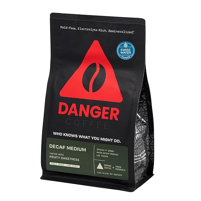 Danger Coffee by Dave Asprey, Remineralized, Mold Free & Lab Tested Swiss Water Decaf Ground Coffee, Medium Roast, Decaffeinated 10.9 Ounce