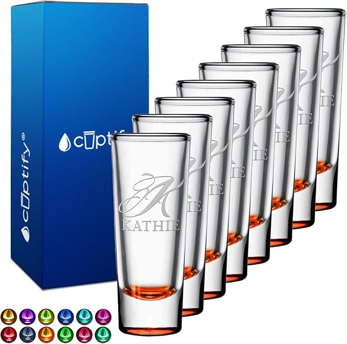 Personalized Shot Glasses Set of 8 Orange Bottom Custom 2 oz Cordial Shot Glass Initial and Name for Gifts, Weddings, Birthdays, Party, Event, Decorations