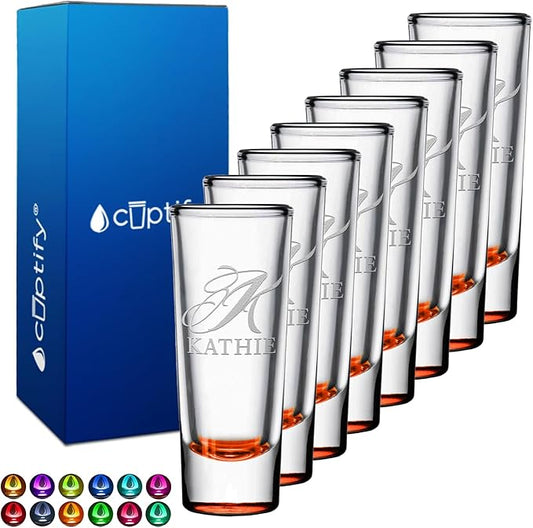 Personalized Shot Glasses Set of 8 Orange Bottom Custom 2 oz Cordial Shot Glass Initial and Name for Gifts, Weddings, Birthdays, Party, Event, Decorations