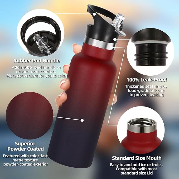 Volhoply 17oz Insulated Water Bottle Bulk 2 Pack,Stainless Steel Kids Water Bottles with Straw Lid,Double Wall Vacuum Metal Cups Water Bottle,Reusable Sports Flask Keep Hot & Cold (Red Purple,2 Set)