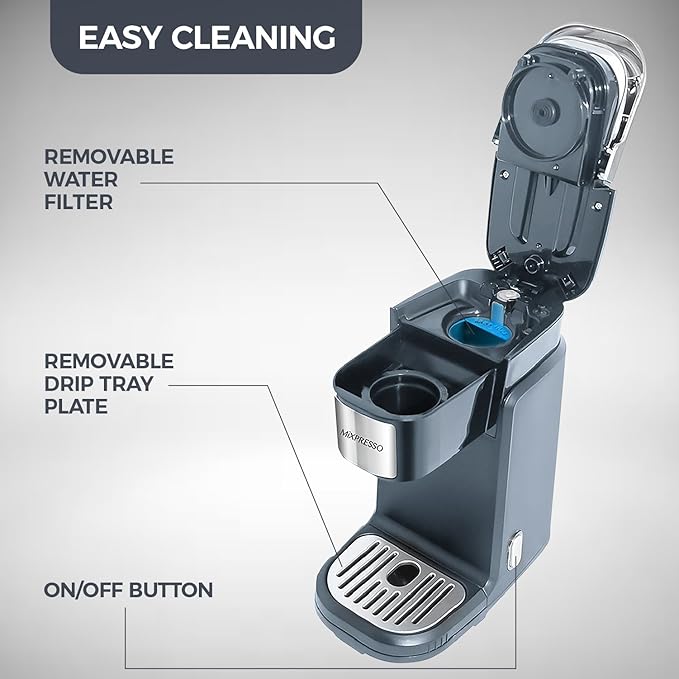 Mixpresso Single Cup Coffee Brewer - Quick Brew, One Touch Function, 12oz One Cup Grey Coffee Maker