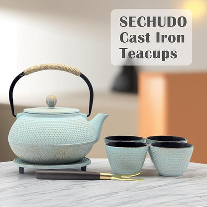 Japanese Cast Iron Tea Cups, Small and Heavy Teacups with no Handles, Japanese Style Cups for Adults, Asian Teacup, Coated with Enameled Interior, 4 Pcs/Box (Lightblue, 2oz/60ml)