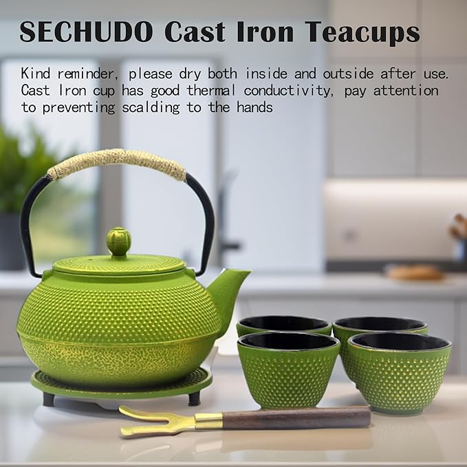 Japanese Cast Iron Tea Cups, Small and Heavy Teacups with no Handles, Japanese Style Cup for Adults, Asian Teacups, Coated with Enameled Interior, 4 Pcs/Box (Green, 3.38oz/100ml)