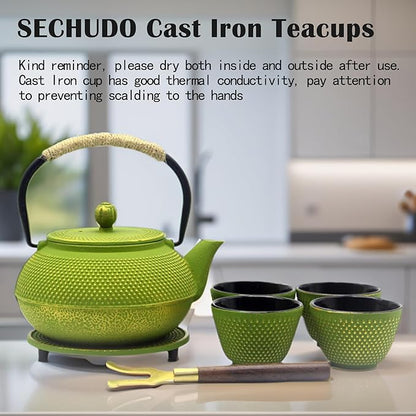 Japanese Cast Iron Tea Cups, Small and Heavy Teacups with no Handles, Japanese Style Cup for Adults, Asian Teacups, Coated with Enameled Interior, 4 Pcs/Box (Green, 3.38oz/100ml)