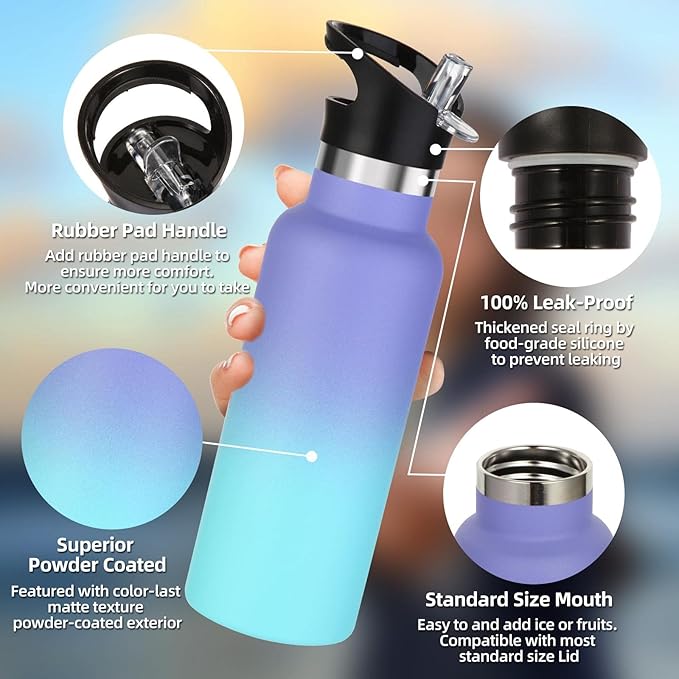 Volhoply 17oz Insulated Water Bottle Bulk 4 Pack,Stainless Steel Kids Water Bottles with Straw Lid,Double Wall Vacuum Metal Water Bottle,Reusable Sports Flask Keep Cold (Purple Blue,4 Set)