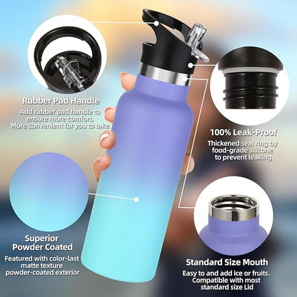 Volhoply 17oz Insulated Water Bottle Bulk 4 Pack,Stainless Steel Kids Water Bottles with Straw Lid,Double Wall Vacuum Metal Water Bottle,Reusable Sports Flask Keep Cold (Purple Blue,4 Set)