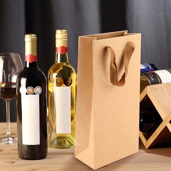 SEUNMUK 60 Pack 13.8 x 6.7 x 3.5 Inch Kraft Wine Gift Bags, 260 gsm Thick Paper Wine Bottle Bags with Handles, Elegant Wine Bags for Party, Wedding and Retailing