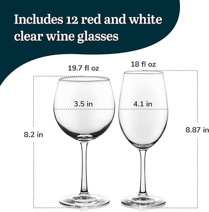 Libbey Vineyard Reserve Wine Glass Set of 12, Red and White Clear Wine Glasses, Merlot, Bordeaux, Chardonnay Gifts, Lead-Free Party Wine Glasses